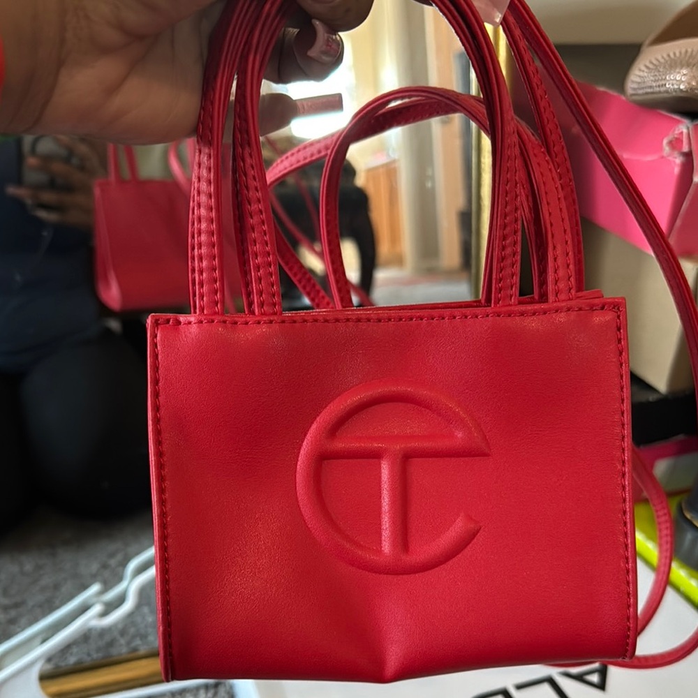 Telfar Red Mini Bag with Embossed Logo and Structured Shape